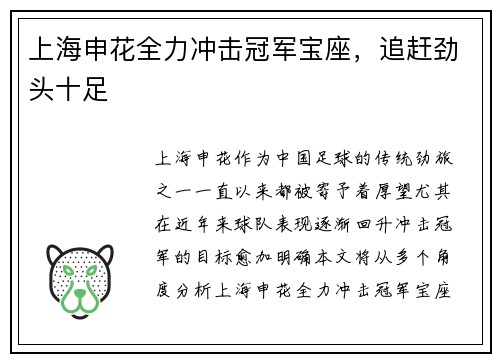 上海申花全力冲击冠军宝座,追赶劲头十足 上海申花全力冲击冠军宝座,追赶劲头十足