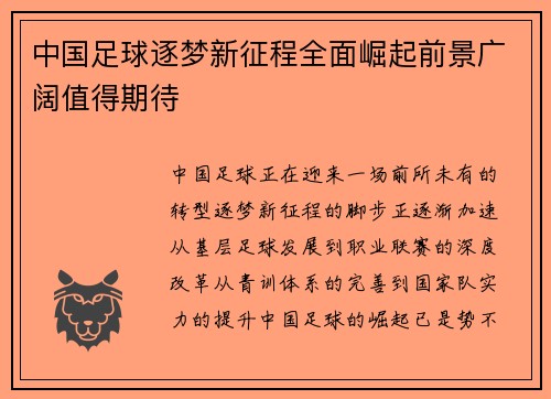 中国足球逐梦新征程全面崛起前景广阔值得期待