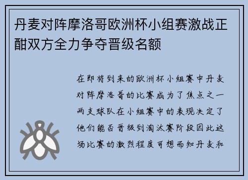 丹麦对阵摩洛哥欧洲杯小组赛激战正酣双方全力争夺晋级名额
