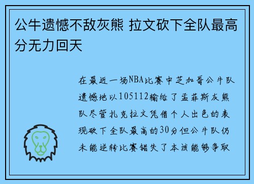 公牛遗憾不敌灰熊 拉文砍下全队最高分无力回天