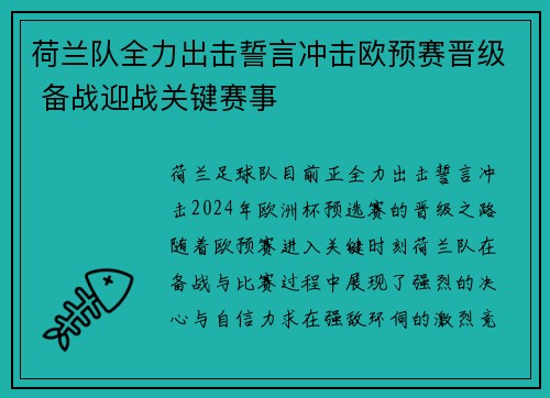 荷兰队全力出击誓言冲击欧预赛晋级 备战迎战关键赛事 荷兰队全力出击誓言冲击欧预赛晋级 备战迎战关键赛事