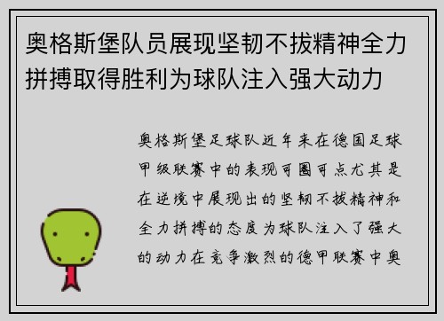 奥格斯堡队员展现坚韧不拔精神全力拼搏取得胜利为球队注入强大动力 奥格斯堡队员展现坚韧不拔精神全力拼搏取得胜利为球队注入强大动力