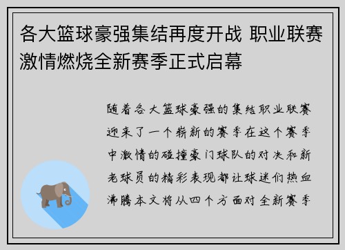 各大篮球豪强集结再度开战 职业联赛激情燃烧全新赛季正式启幕